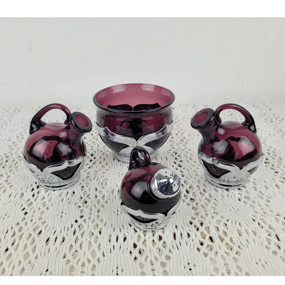 Vintage 1950s Farber Bros Cambridge Purple Amethyst Oil Vinegar Cup Shaker Set - Picture 1 of 14